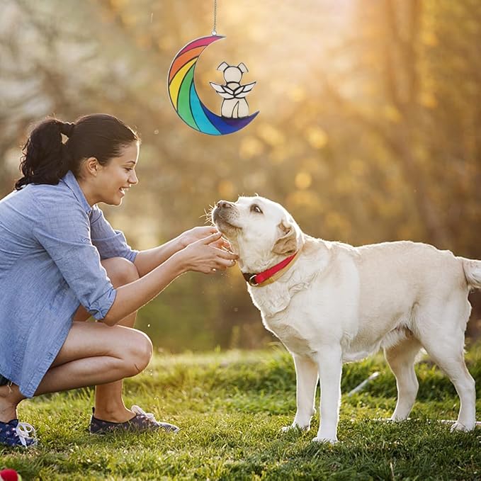 Dog Memorial Gifts for Loss of Dog Pet Sympathy Hanging Acrylic White Angel Dog on Rainbow Moon Dog Beverage Suncatcher Ornaments Decor Window Wall Sympathy Gift for Dog Lover