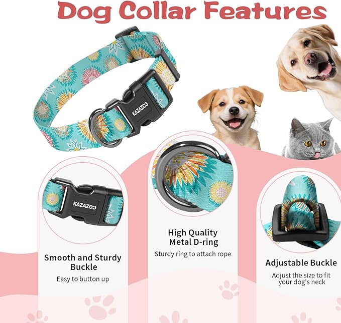 Kazazoo Dog Collar Cute and Soft Nylon Puppy Collar for Boy and Girl, Adjustable Dog Collars for Small Medium Dogs, Blue Sunflowers-M