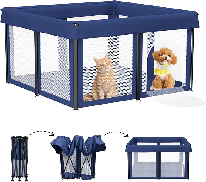 50x50x25.6 Inches Puppy Playpen with Gate, Foldable Dog Playpen for Puppies or Small Dogs, Pet Fence with Thickened Fabric, for Indoor Outdoor (Blue)