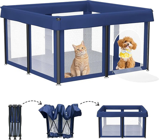 50x50x25.6 Inches Puppy Playpen with Gate, Foldable Dog Playpen for Puppies or Small Dogs, Pet Fence with Thickened Fabric, for Indoor Outdoor (Blue)
