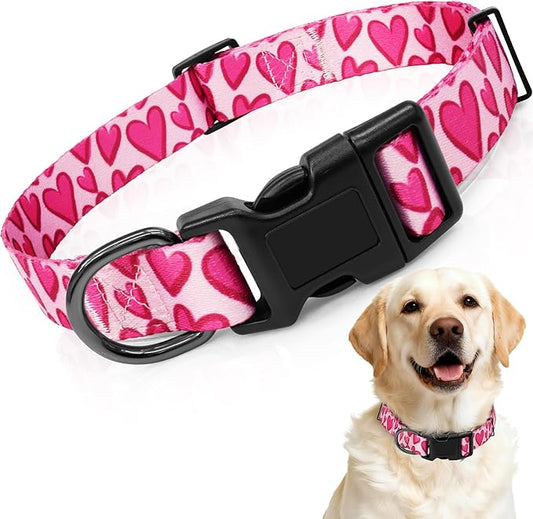 Kazazoo Dog Collar Cute and Soft Nylon Puppy Collar Girl, Adjustable Dog Collars for Medium Large Dogs, Hot Pink Heart-L