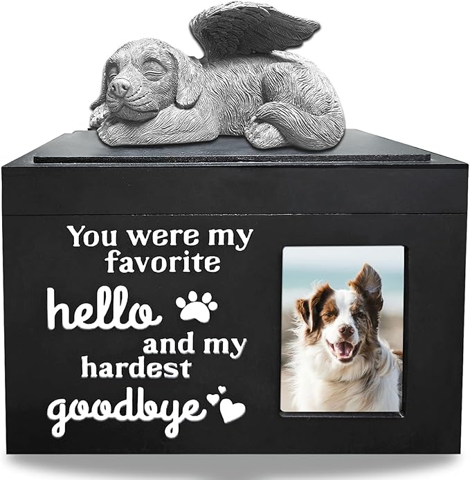 Dog Urns for Ashes Up to 100 lbs, Premium Wooden Pet Urns for Dogs with Memorial Photo Frame and Resin Statue, Dog Urn Sympathy Gift for Both Large Midium Golden Retriever, Labrador, Shepherd