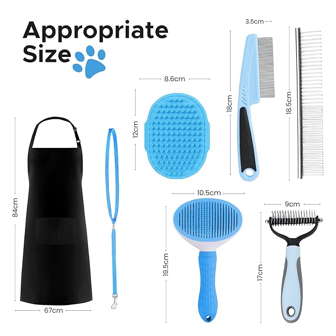 Pet Grooming Kit with Brushes, Grooming Loop Leash, Apron, Dematting Comb, Slicker Brush, Dog Bath Brush - Blue - For Short Haired Dogs
