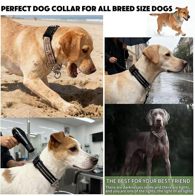 Martingale Dog Collars, Reflective Nylon Collar with Stainless Steel Chain, Adjustable Walking Training Dog Collars with Quick Release Buckle, Suitable for Small Medium Large Dogs(Black,XL)