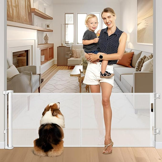 Reinforced 28 Inch Tall Retractable Baby Gates for Dogs, Easy Step Over Pet Gate with Support Rods, 55" Wide Retractable Dog Gate, Puppy Gates for The House Short Dog Gate for Stairs, Doorways, White