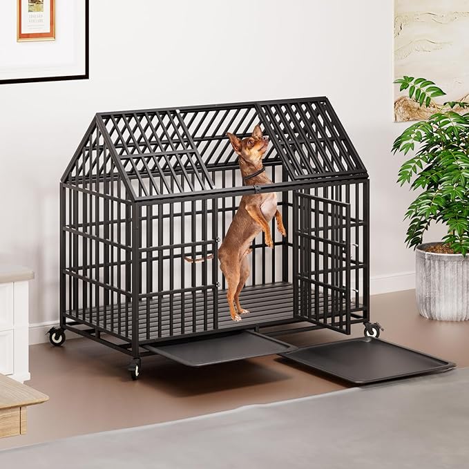 54'' Indestructible Heavy Duty Dog Crate with 2 Bowls, Extra Large Pet Cage Escape Proof Strong Steel Impact for High Anxiety Dogs, Sound Proof Chewproof Kennel 2 Doors with Wheels and Trays, XXL