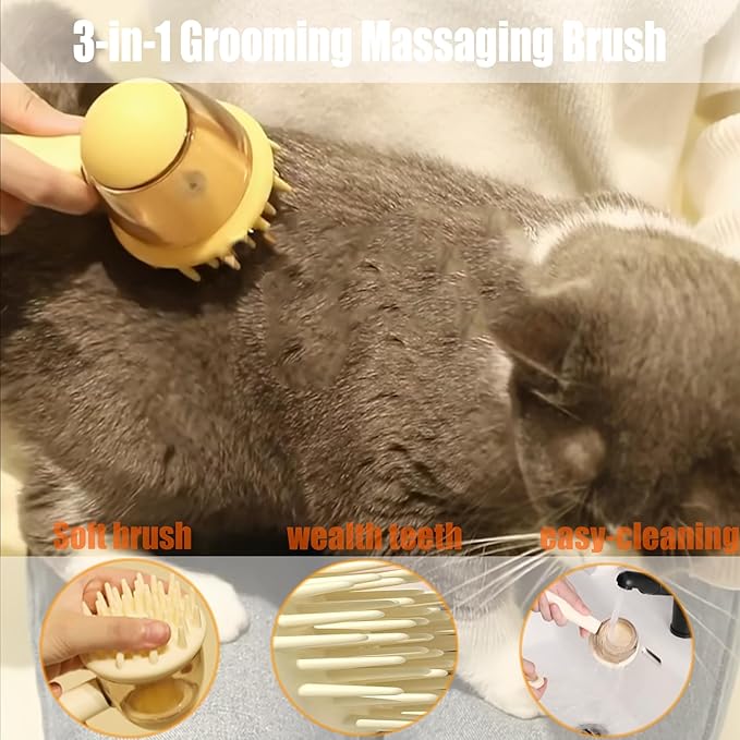 3 In One Pet Massaging Brush - Clean,Massage,Groom Comb - Silicone Comb Suppleness Brush ，Pet Friendly Wash Tools For Cats&Dogs (yellow)