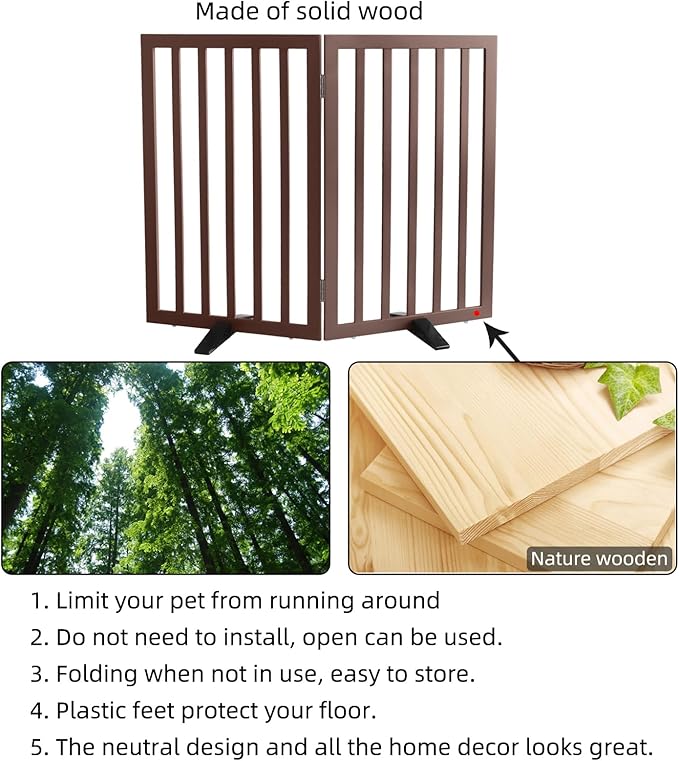 Dog Gate Indoor, Freestanding Dog Fence for The House, Doorways, Hallways,or Stairs,Pet Gate Foldable Wooden,Expandable 32" Height 2 Panels,Brown