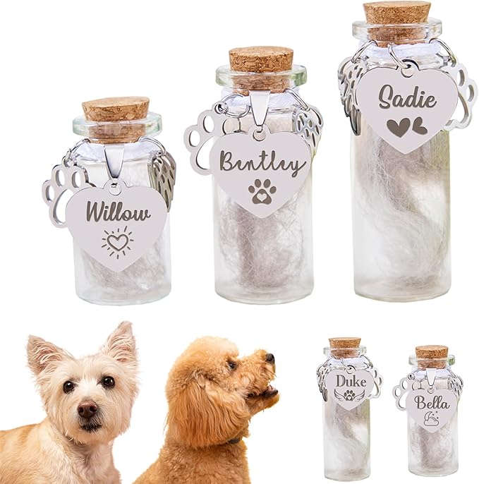 Custom Pet Memorial Gift Pet Fur Dog Cat Memorial Jar Heartfelt Keepsake Jar, Paw & Wings Pendant Included