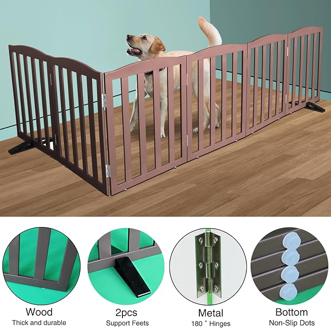 Freestanding Dog Gate Indoor,Doggie Gate Foldable Pet Gates for Doorways,Stairs or Hallways, Wooden Brown Pet Gate for the House, Pet Fence with Support Feet Included,24 "Height-6 Panels