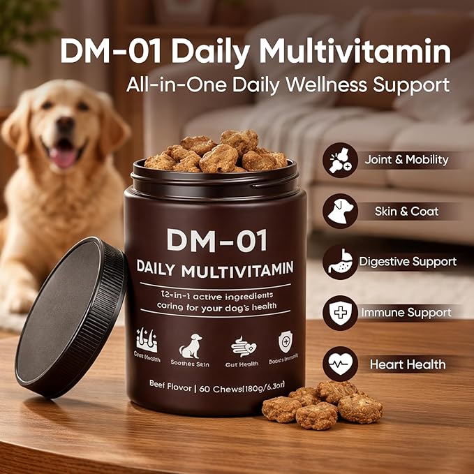 DM-01 Daily Multivitamin for Dogs - Advanced Hip & Joint Support, Boosts Immune System & Digestion, Promotes Skin, Coat & Organ System Health, Enhances Activity & Mood, 60 Chews (1)