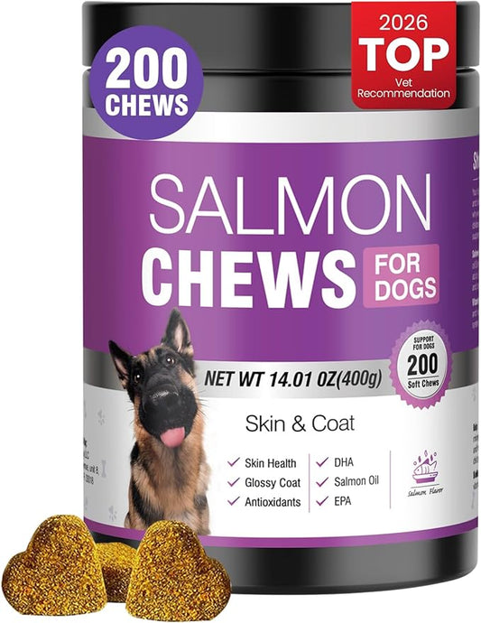 Omega 3 Skin and Coat Supplement for Dogs 200 Chews Dog Fish Oil Supplements with EPA & DHA Fatty Acids Dry Skin Relief for Dogs Shedding Allergy Itching Promotes Heart Hip Joint Health Salmon Flavor