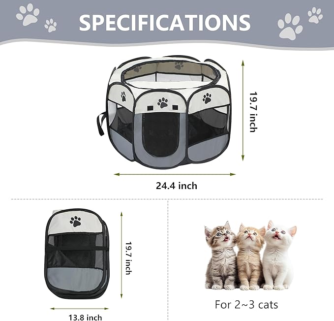 Cat Dog Playpen, Puppy Pet Playpen Indoor for Small Dog Crate Tent Cage Outdoor, Portable Pop Up Dogs Enclosure Kennel with Carrying Case for Dogs/Cats/Rabbits Grey.