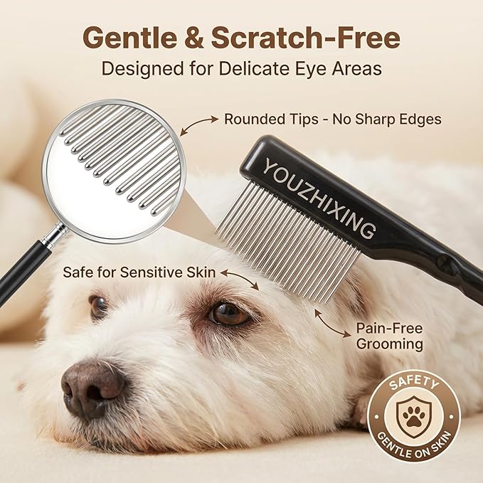4-in-1 Tear Stain Remover Kit for Dogs & Cats - 1oz Natural Eye Balm with Pro Application Brush & 2 Stainless Steel Combs - Professional Eye Gunk (3in1)