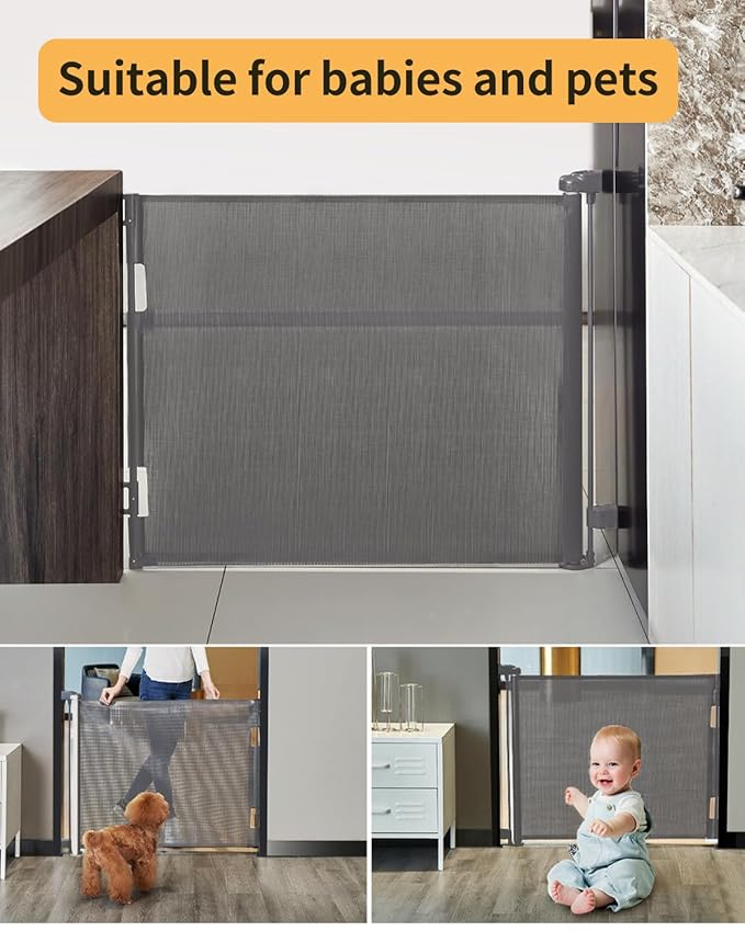 Retractable Baby Gate,Mesh Baby Gate or Mesh Dog Gate,33" Tall,Extends up to 55" Wide,Child Safety Gate for Doorways, Stairs, Hallways, Indoor/Outdoor（Grey,33"x55"