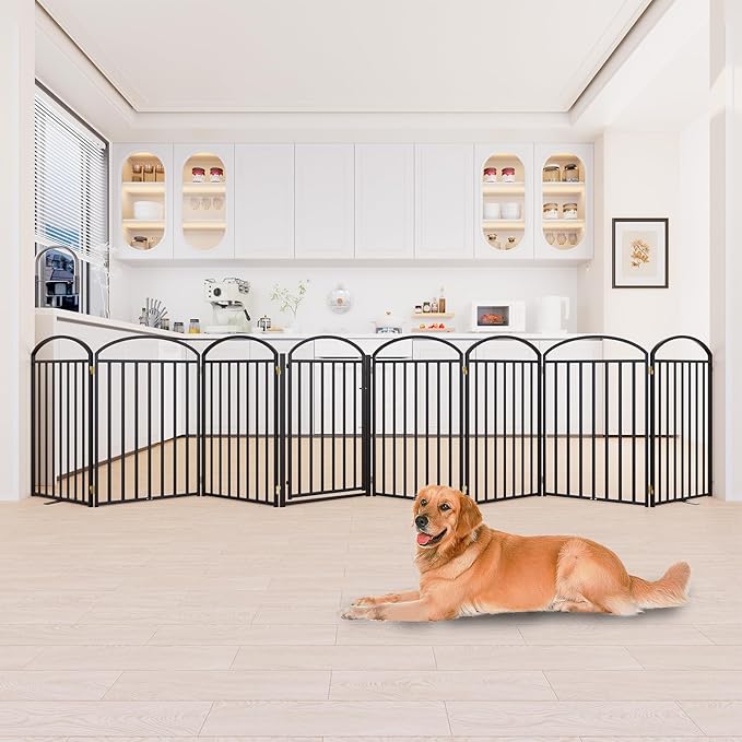 8 Panels Full Matel Freestanding Dog Gates with Door, 192"Extra Wide 36"Tall Free Standing Dog Pet Gate for Indoor & Outdoor. Foldable Pet Fences for Doorways, House, Stairs, Porch, Deck, Yard