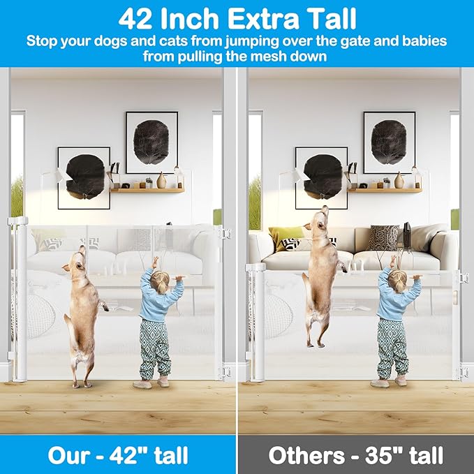 Reinforced 42" Tall X 80" Wide Retractable Baby Gate for Doorway 3.5ft Extra Tall Cat Gate for Stairs Indoor Retractable Baby Gates Extra Wide with Reinforced Bar Mesh Gates for Kids or Pets, White