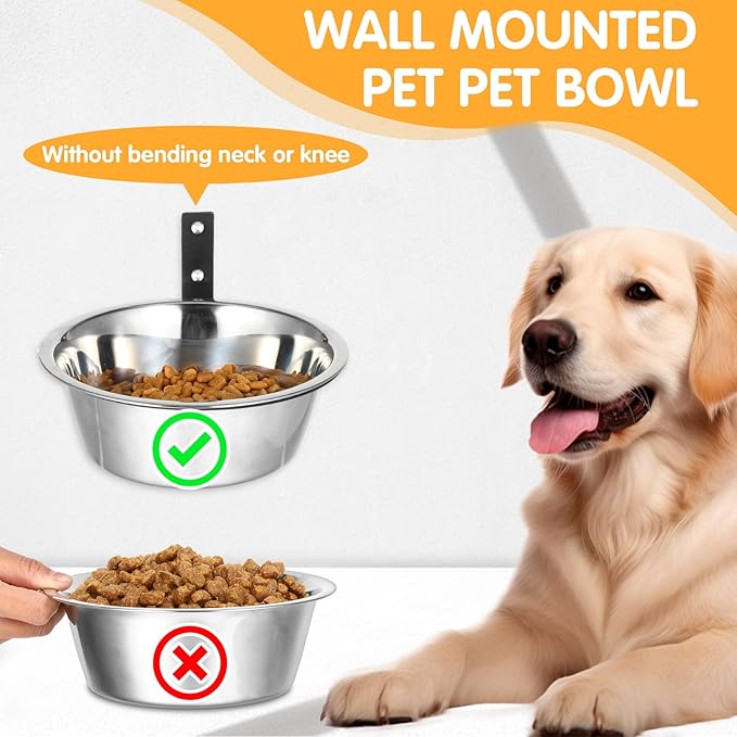 2 Pcs Wall Mounted Dog Bowl, Wall Mounted Pet Feeding Bowls, Elevated Pets Bowls, Adjustable Heights Hanging Stainless Steel Dog Food and Water Bowl with Collapsible Stand Holder