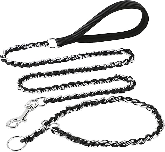 Chew Proof Metal Dog Leash with Built-in P-Chain Collar - 2FT/4FT for Small/Medium/Large Dogs (30-150lb), Anti-Bite Chain Link with Soft Padded Handle, 360° Rotating Clasp Black