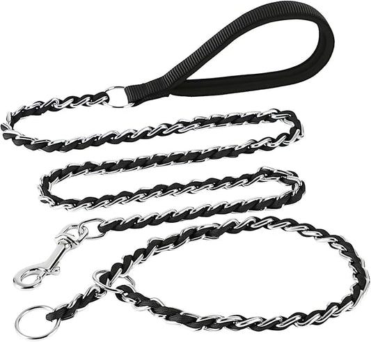 Chew Proof Metal Dog Leash with Built-in P-Chain Collar - 2FT/4FT for Small/Medium/Large Dogs (30-150lb), Anti-Bite Chain Link with Soft Padded Handle, 360° Rotating Clasp Black