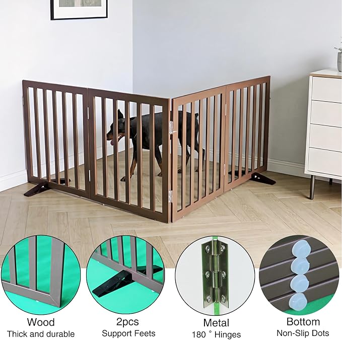 Dog Gate Indoor, Freestanding Dog Fence for The House, Doorways, Hallways,or Stairs,Pet Gate Foldable Wooden,Expandable 32" Height 4 Panels,Brown