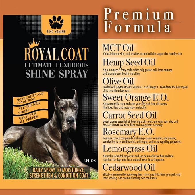King Kanine Royal Coat Dog Spray Deodorizer and Conditioner - Leave in Grooming Shine Spray for Long and Short Hair Coats - Moisturizing Orange and Rosemary Scented Pet Deodorizer - 8 FL OZ