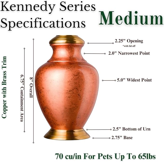 Kennedy Classic Series Pet Urn for Dogs, Handmade Brass Memorial Cremation Urn (Medium - Pets up to 65 lbs, Copper)