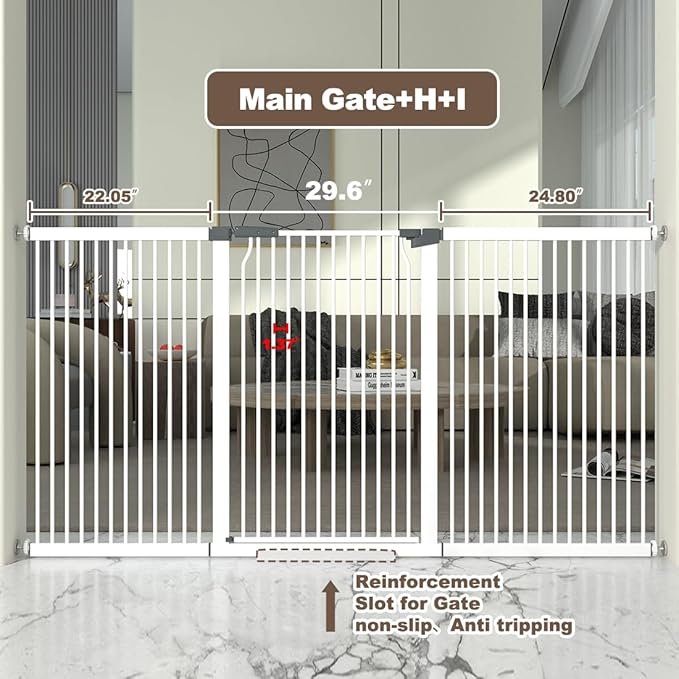 41-Inch Extra Tall Metal Baby Gate for Doorway, 76.8-79.5'' Pet Safe Gate with Expansion Kit, No Drilling Cat Fence Indoor, No Climb Child Door, White