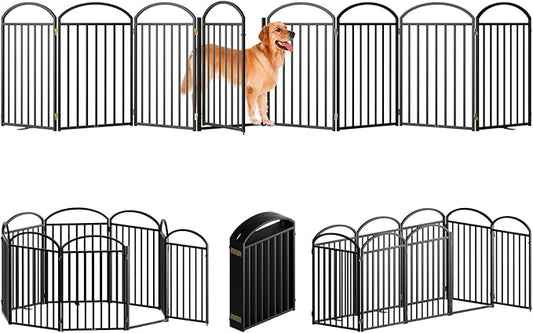 8 Panels Full Matel Freestanding Dog Gates with Door, 192"Extra Wide 32"Tall Free Standing Dog Pet Gate for Indoor & Outdoor. Foldable Pet Fences for Doorways, House, Stairs, Porch, Deck, Yard