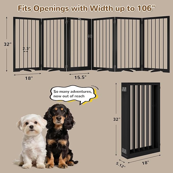 32” Extra Tall Freestanding Dog Gate, Foldable Gates for Dogs Indoor with Door, 6-Panel Dog Fence with Support Feet for Stability, Folding Dog Gates for Doorways Extra Wide No Drilling 106"x32"