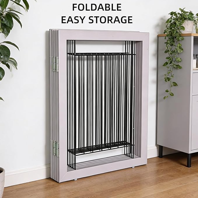 ZJSF Freestanding Dog Gate Indoor, Foldable Dog Fence for Doorways,Hallways or Stairs, Sturdy Wood Extra Wide Pet Gate with Support Feet,Grey,32 "Height-6 Panels