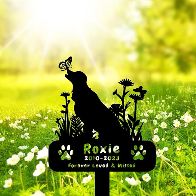 Custom Metal Flowers Dog Memorial Grave Marker, Personalized Butterfly Dog Memorial Stake Grave Marker, Customized Plants Dog Plaque Memorial Sign with Stake Pet Grave Marker Sympathy Gift