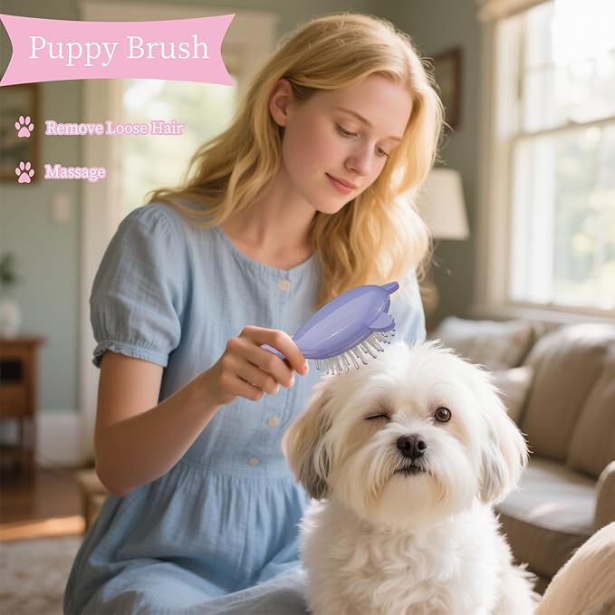 Adorable Cat Ear-Shaped Soft Bristle Air Cushion Dog Brush for Small Breeds - Ideal for Yorkie, Shih Tzu, Maltese, Pomeranian, Maltipoo - Gentle Grooming Tool, Puppy Essentials (Purple)