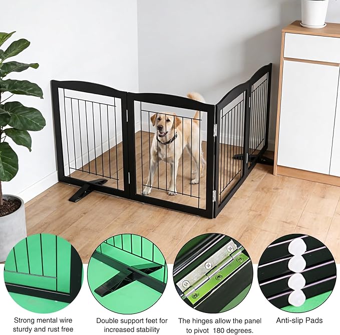 Dog Fence Indoor,Dog Gate Indoor for Doorway pet gate -4-Panel Freestanding, Hallways, House or Stairs -80x24-Inch Retractable Foldable Expandable Wood Pet by SFJC (Black) ﻿