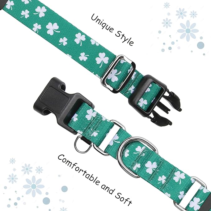 St.Patrick's Day Martingale Collar for Dogs with Buckle Adjustable Shamrock Spring Holiday Dog Collar (Clover, Large)