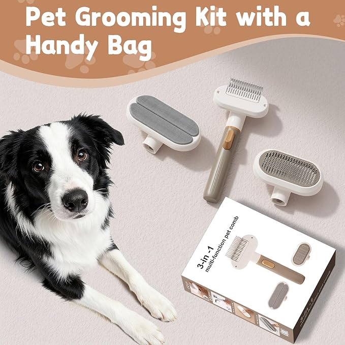Dog Brush for Shedding, 3-in-1 Cat Hair Brush for Indoor Cats, Self Cleaning Deshedding & Grooming Brush, Furminator for Long & Short Hair Pets