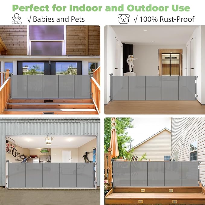 96 Inch Wide Reinforced Retractable Dog Gate with Support Rods - Prevent Crawling Under, Extra Long Retractable Baby Gate Large Dog Gate Indoor/Outdoor Retractable Pet Gate, Gray