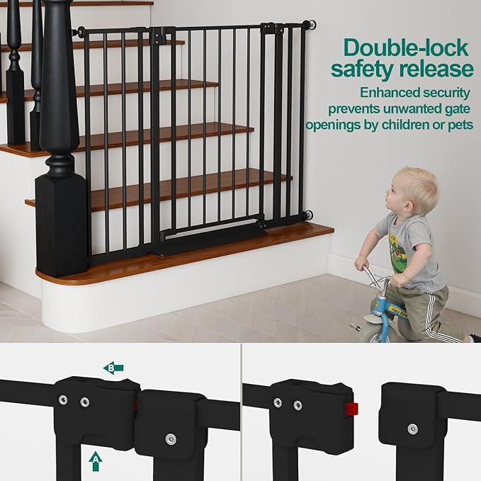 29.7-46" Baby Gate for Stairs with Banister Adapter Y-Spindle Rods, 30.5" Tall, Easy-Install Pressure Mounted Baby Gate for Doorways, Auto-Close Dog Gate Indoor for Child and Pets