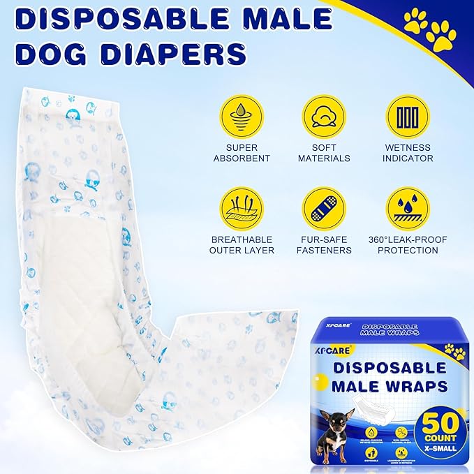 XPCARE 50 Count Disposable Male Dog Diapers, Male Dog Wraps,Super Absorbent Leak-Proof Fit (Medium)