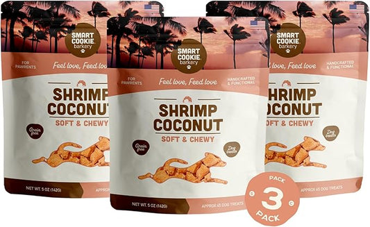 Smart Cookie All Natural Dog Treats - Shrimp & Coconut - Training Treats for Dogs with Allergies, Sensitive Stomachs - Soft Dog Treats, Chewy, Grain Free, Human-Grade, Made in USA - 5oz, Pack of 3