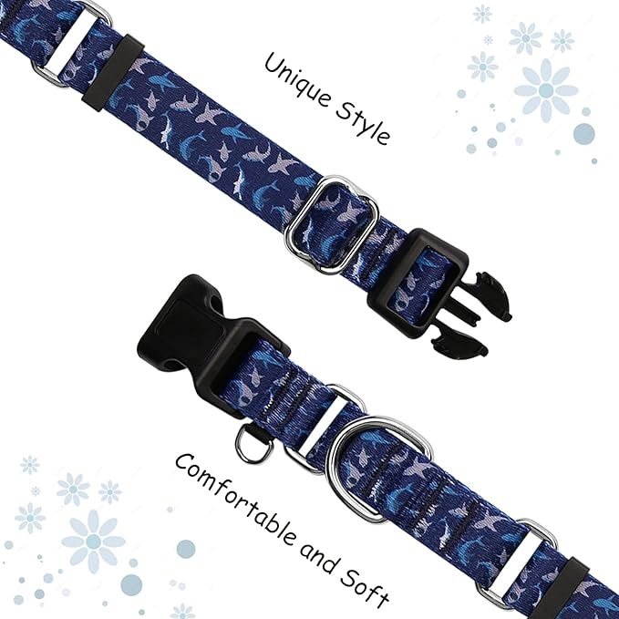 Martingale Collar for Dogs with Buckle Shark Dog Collar Adjustable Soft Nylon Boy Dog Collars for Puppy Dogs, Deep Blue Shark