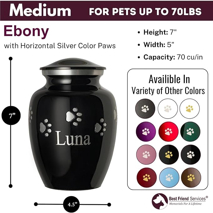 Ottillie Paws Premier Series Pet Urn for Dogs with Personalized Laser Engraving (Medium - Pets up to 65 lbs, Ebony with Horizontal Pewter Paws)