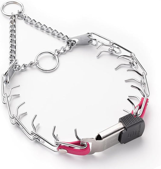 Herm Sprenger Chrome Plated Steel Dog Collar with Quick Release ClicLock Buckle O-Ring Biothane Insert Training Collar Made in Germany (Passionfruit Pink, 16in x 2.25mm(Neck Size up to 13-14in))