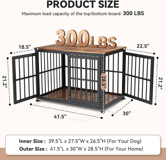 Oranland 42 Inch Heavy Duty Dog Crate Furniture,Dog Kennel Furniture Indoor for Large and Medium Dogs,Decorative Pet House End Table, 0.8 Inch Steel Tubes Wooden Cage/Max Load Capacity 300lbs/Black