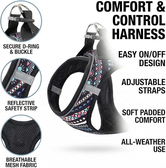 Step in Dog Harness and Leash Set, Reflective Adjustable No Pull Dog Harness for Extra-Small/Small Dogs Puppy and Cats, Soft Padded Mesh Vest Harnesses for Girl and Boy Pets(Black Bohemia,XS)