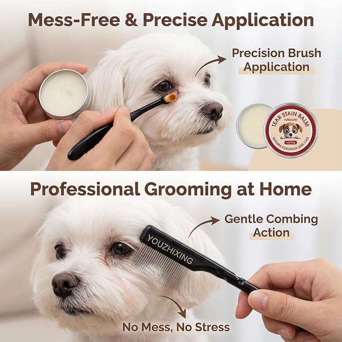 4-in-1 Tear Stain Remover Kit for Dogs & Cats - 1oz Natural Eye Balm with Pro Application Brush & 2 Stainless Steel Combs - Professional Eye Gunk (3in1)