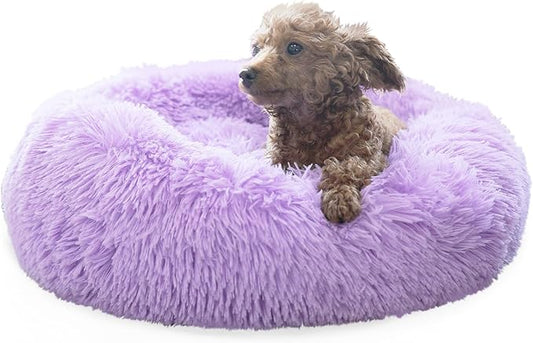 Calming Donut Dogs Beds for Small Dogs Washable,19inch Fluffy Round Puppy Bed for Puppies,Cats & Toy Breeds with Raised Rim,Fits up to 15 lbs Pets,Purple