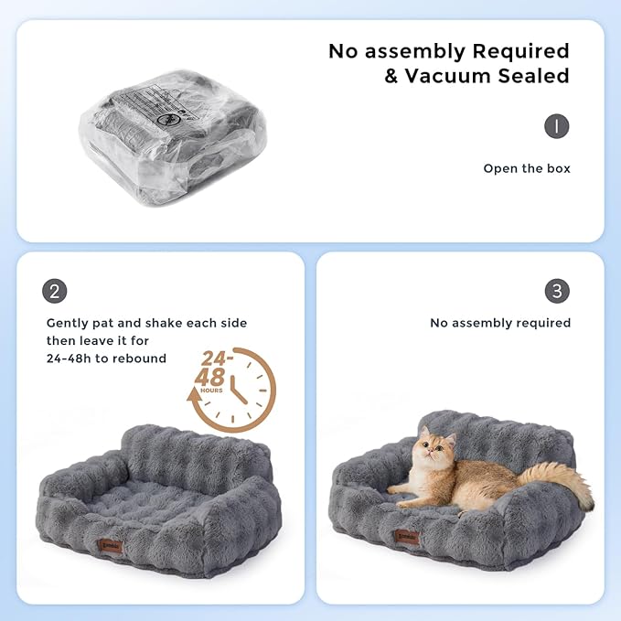 Orthopedic Cat Couch Bed for Indoor Cats, Cute Pet Sofa with Supportive Egg Foam, Fluffy Faux Fur Removable Washable Cover and Non-Slip Bottom, Ivory White
