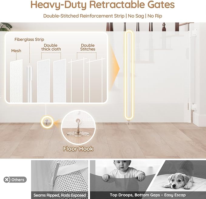 One-Hand Operation Retractable Baby Gates, 59 inch Retractable Gate with Reinforced Strip Design to Prevent Crawling Through, 5 FT Retractable Dog Gate for Stairs, Doorways, Hallways