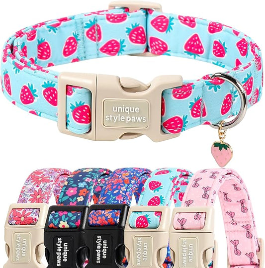 Unique style paws Dog Collar Plastic Buckle with Pendant Puppy Collar for Spring Summer Blue Strawberry for Small Medium Large Boys Girls Dogs
